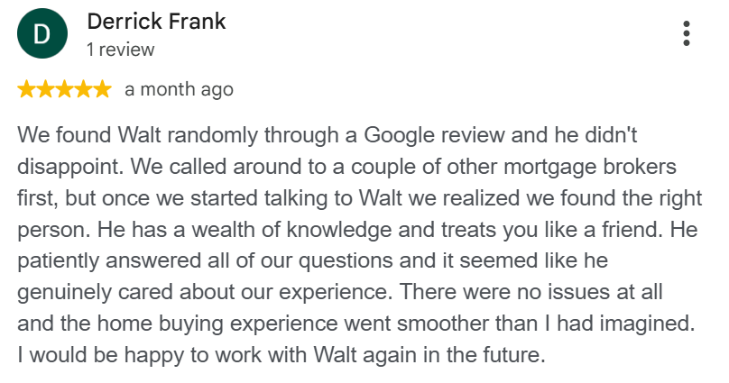 Screenshot of a 5-star Google review for Walt Bianchi Mortgages.